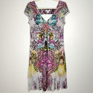 Vintage Y2K Fairycore Beaded Dress L Butterfly Mixed Print Boho Ethereal 90s